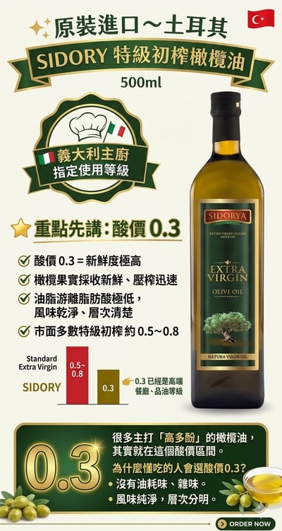 🌿 原裝進口｜土耳其 SIDORYA 生飲級 特級初榨橄欖油 500ml ｜ 3瓶免運組2
