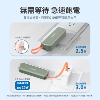 【PHILIPS飛利浦】FunCube BAR 22.5W AC自帶Type-C線行動電源 DLP5201C 4900mAh 3色可選  ( 標示Wh瓦時+BSMI+NCC認證)5