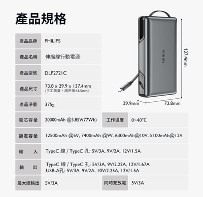 PHILIPS 22.5W伸縮線行動電源 DLP2721C10
