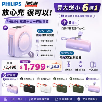【PHILIPS 買大送小 6選1 優惠組】 (大)萬用十合一行動電源 粉紫漸變 DLP4347CM-E 🎁 此組合不含【萬國轉接頭組】1