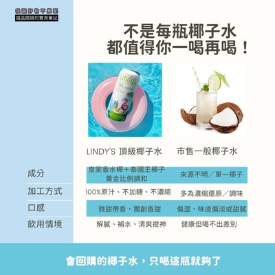 LINDY'S 100% 原味椰子水310ml 24入裝15