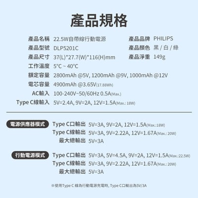 【PHILIPS飛利浦】FunCube BAR 22.5W AC自帶Type-C線行動電源 DLP5201C 4900mAh 3色可選  ( 標示Wh瓦時+BSMI+NCC認證)11