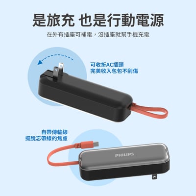【PHILIPS飛利浦】FunCube BAR 22.5W AC自帶Type-C線行動電源 DLP5201C 4900mAh 3色可選  ( 標示Wh瓦時+BSMI+NCC認證)2