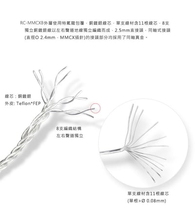 FiiO RC-MMCXB 2.5mm平衡耳機升級線 銅鍍銀線芯(可改3.5mm/4.4mm非原廠接頭)4
