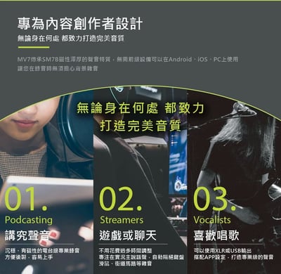 美國SHURE MOTIV MV7 Manfrotto 動圈式麥克風專業腳架組 (iOS/Android/Mac/PC適用)3