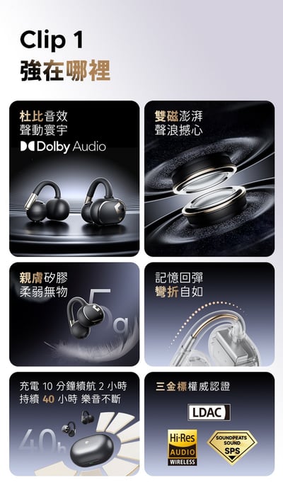 SOUNDPEATS Clip 1 杜比音效開放式耳夾真無線耳機｜輕扣即聽 沉浸隨行2