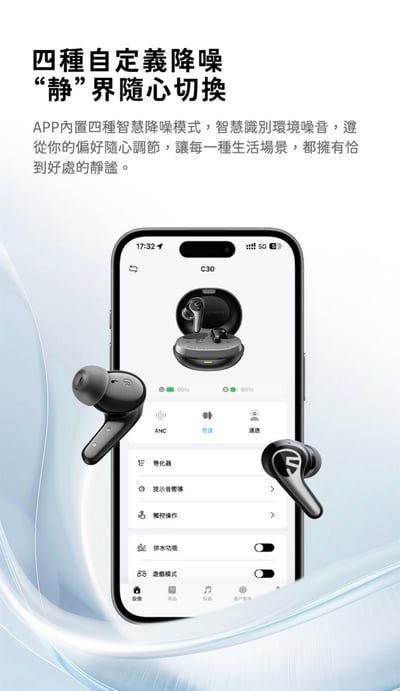 SOUNDPEATS C30 真無線降噪入耳式 藍牙耳機 -52dB AI 自適應降噪｜52H 強勁續航8