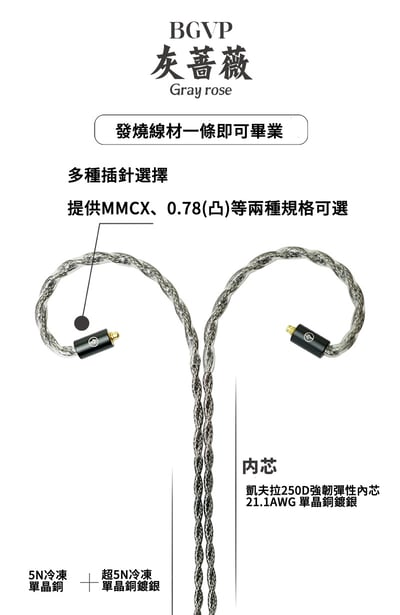 BGVP Gray Rose 灰薔薇 5N冷凍單晶銅/銅鍍銀混編 耳機升級線 MMCX/CM 0.782