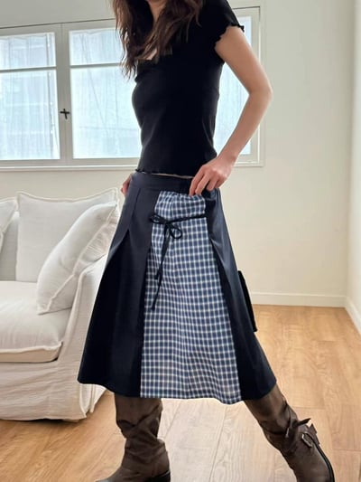英倫格紋側綁帶百摺長裙4