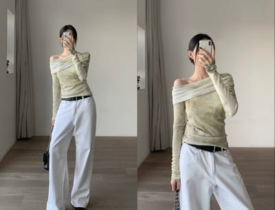 仙女渲染一字領彈性上衣6