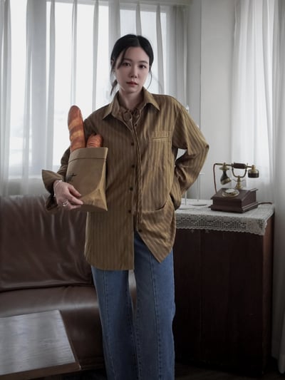 高級低調條紋綁帶式襯衫6