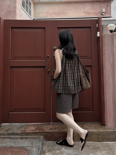 韓系度假附髮帶格子背心13