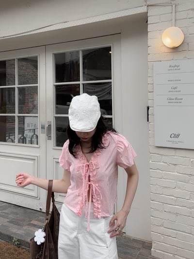 抓皺滾邊少女綁帶上衣6