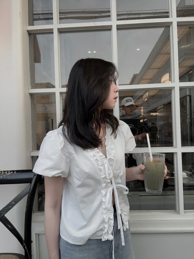 抓皺滾邊少女綁帶上衣8