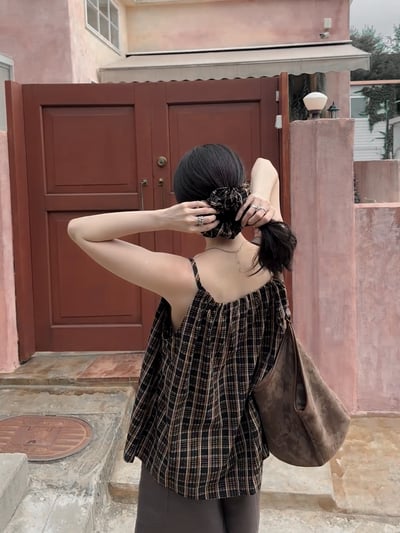 韓系度假附髮帶格子背心11