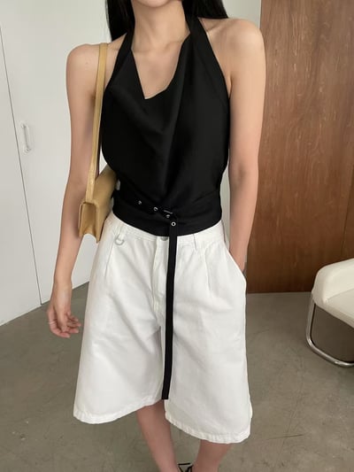 棉麻附綁帶繞頸設計背心5