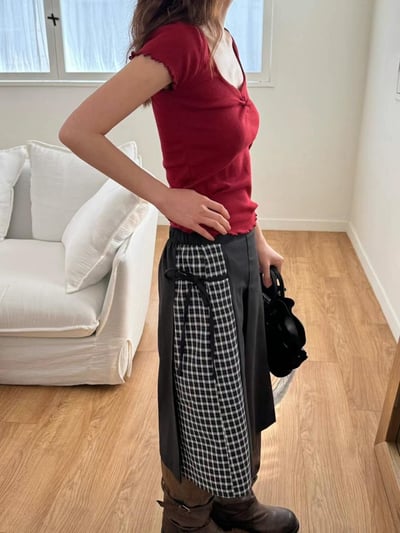 英倫格紋側綁帶百摺長裙6