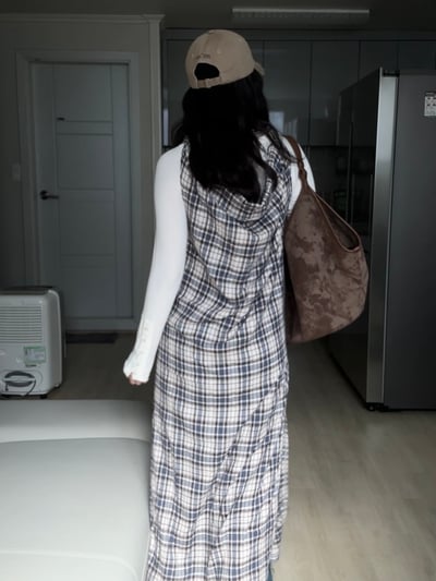 綁帶垂墜棉質格紋開衩洋裝6