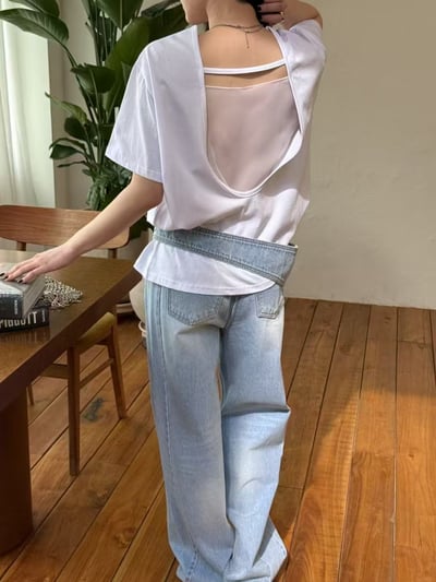 拼接透膚超柔棉短袖上衣1