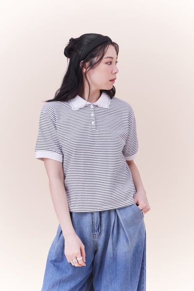 蕾絲小細節POLO條紋上衣1