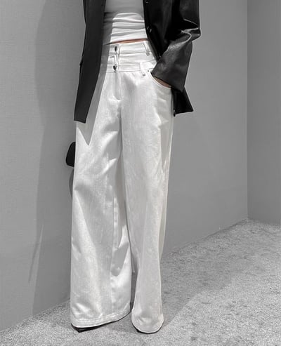 雙腰釦設計條紋寬版直筒褲3