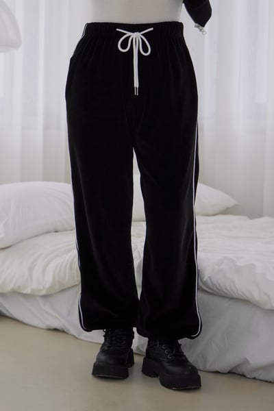 車線拼接絨面抽繩長褲5