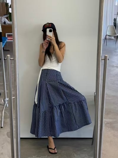 腰身特殊剪裁條紋散擺長裙2