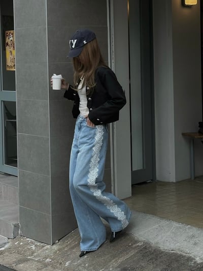 側拼蕾絲直筒牛仔褲10