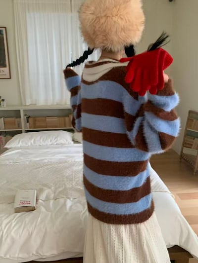 海毛質感開領條紋上衣14