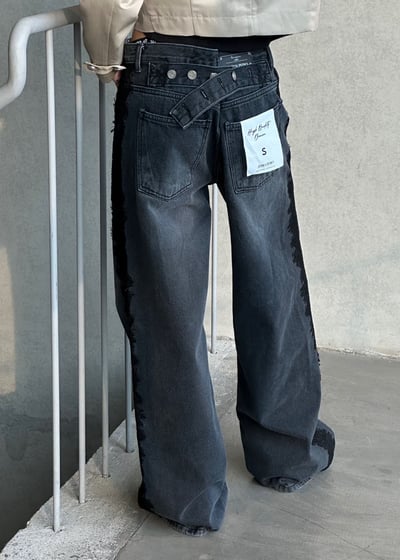 側拼蕾絲直筒牛仔褲6