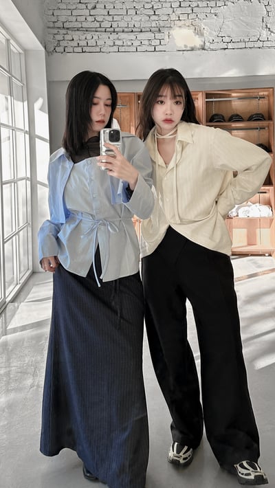 高級低調條紋綁帶式襯衫3