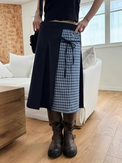 英倫格紋側綁帶百摺長裙5