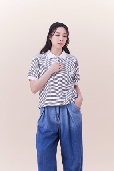 蕾絲小細節POLO條紋上衣7