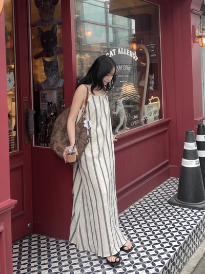 度假必備棉麻條紋洋裝3