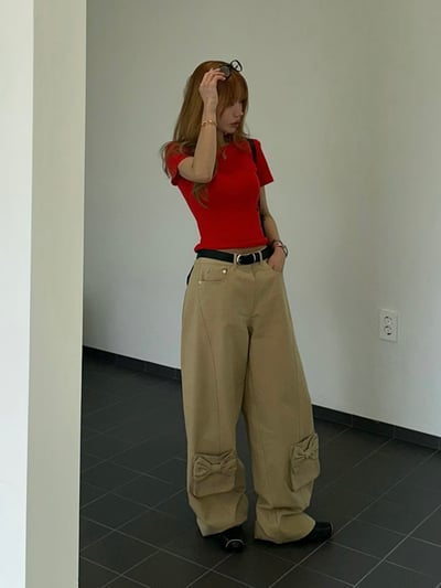 蝴蝶結口袋設計工裝褲5