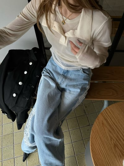 側拼蕾絲直筒牛仔褲12