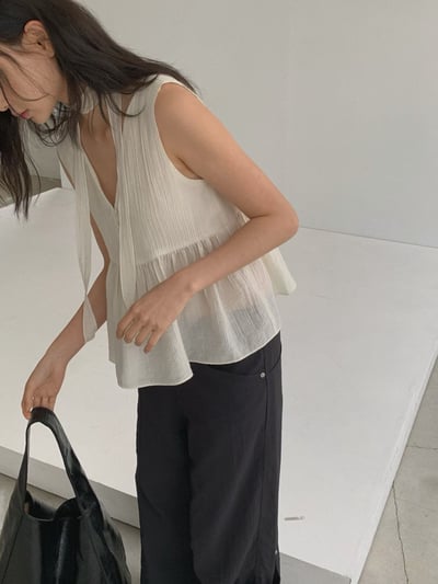 韓系小眾輕透綁帶無袖上衣12