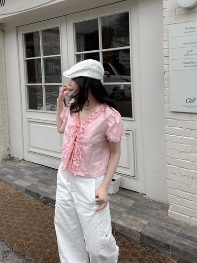 抓皺滾邊少女綁帶上衣1