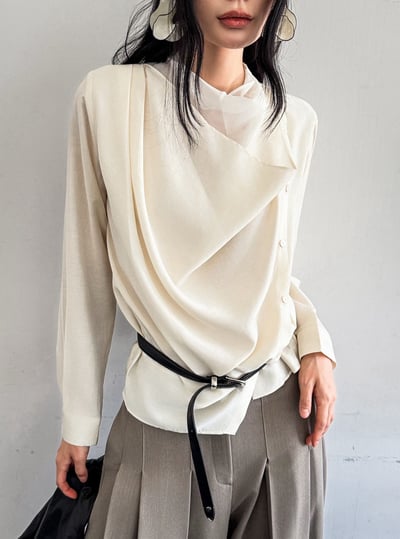 疊加領垂墜排扣附綁帶襯衫1
