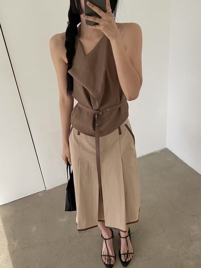 棉麻附綁帶繞頸設計背心6