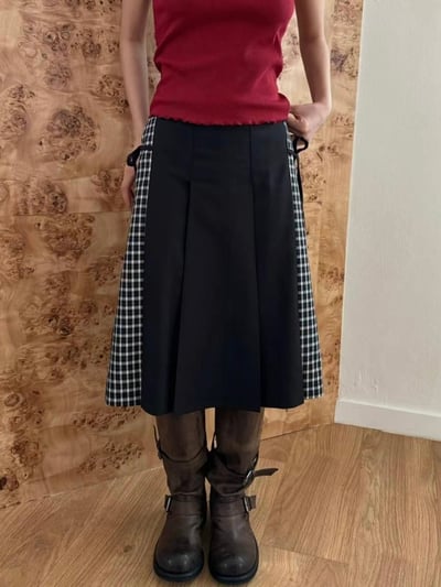 英倫格紋側綁帶百摺長裙3