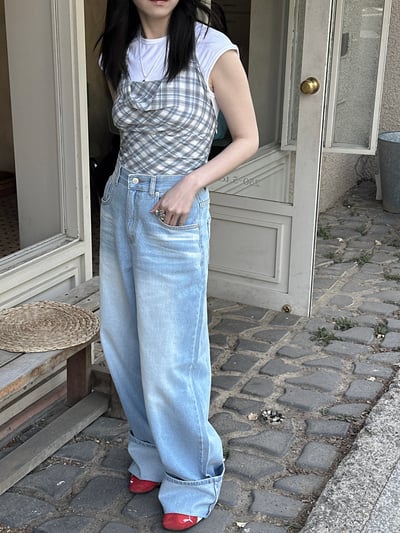 刷色好美寬鬆大反摺牛仔褲 S/M4