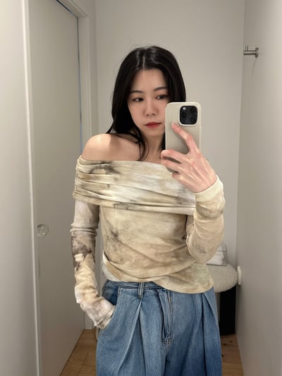 仙女渲染一字領彈性上衣1