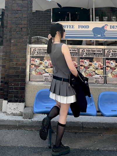 修身拼接西裝百褶洋裝（褲裙）4