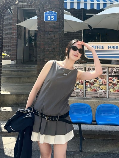 修身拼接西裝百褶洋裝（褲裙）1