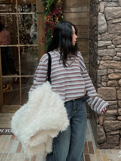 小露肩磨毛條紋連帽上衣6