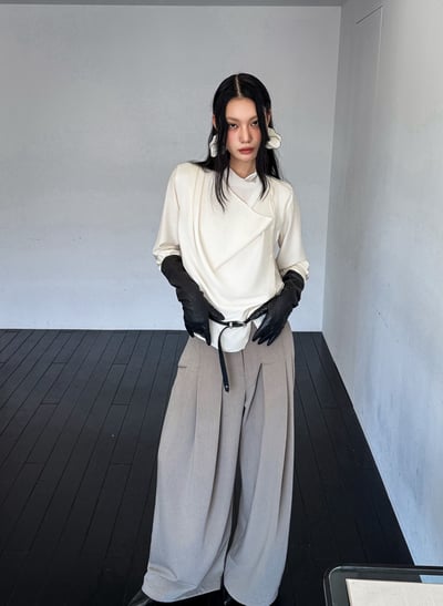 疊加領垂墜排扣附綁帶襯衫5