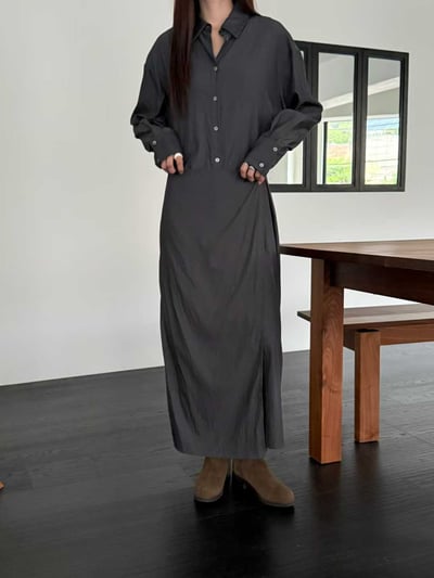 片裙造型排扣開衩襯衫洋裝12