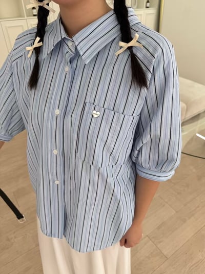 愛心銀標小可愛澎袖條紋襯衫（咩冷同款）1