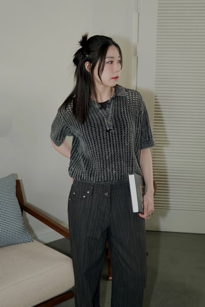 POLO領水洗刷色簍空針織衫6